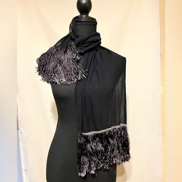 None Accessories - Sheer Black Scarf with Gray Fringe